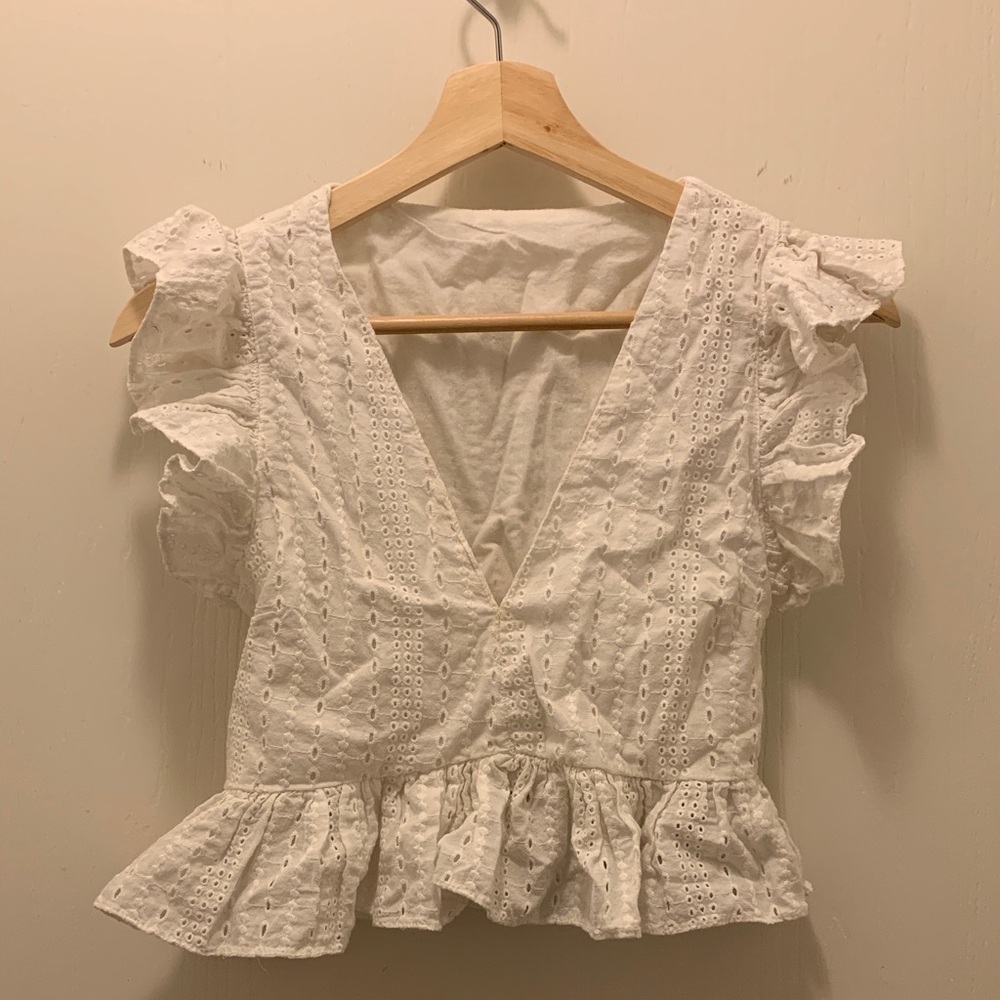 White Eyelet Ruffle Sleeve Top